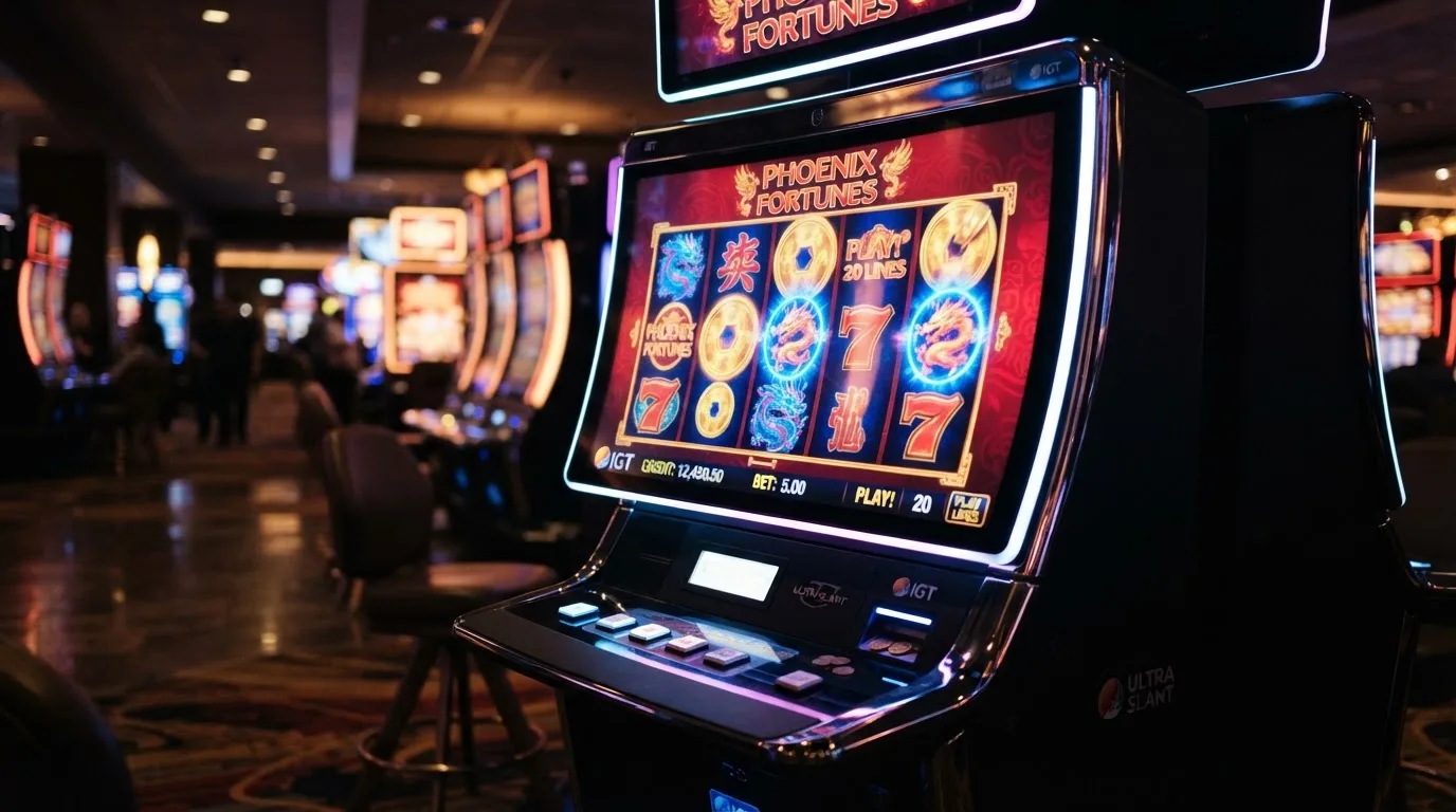 Máquina de casino moderna em plano médio, com ecrã curvo repleto de cores e rolos brilhantes, corredor desfocado ao fundo.