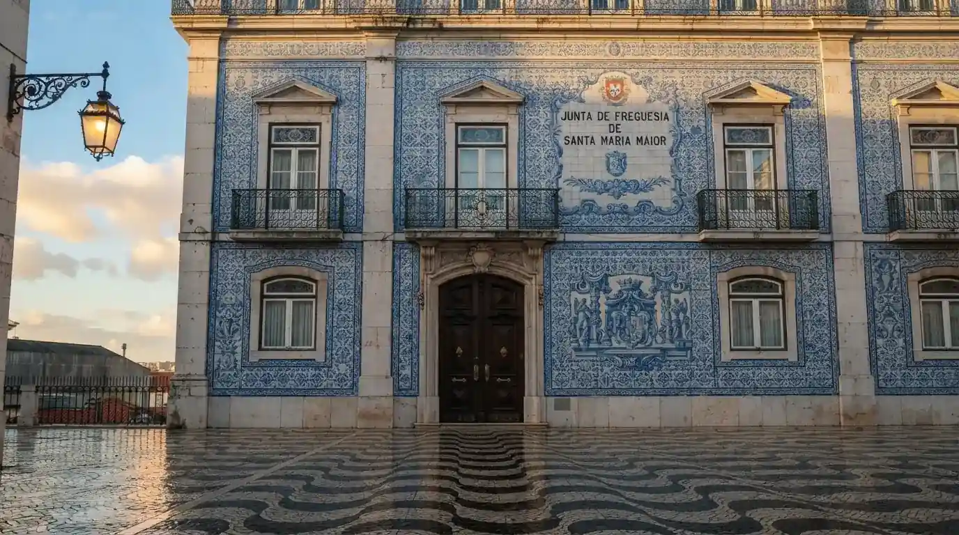 Fachada de um edifício oficial lisboeta com azulejos e portas altas, rua em calçada portuguesa e um candeeiro antigo.